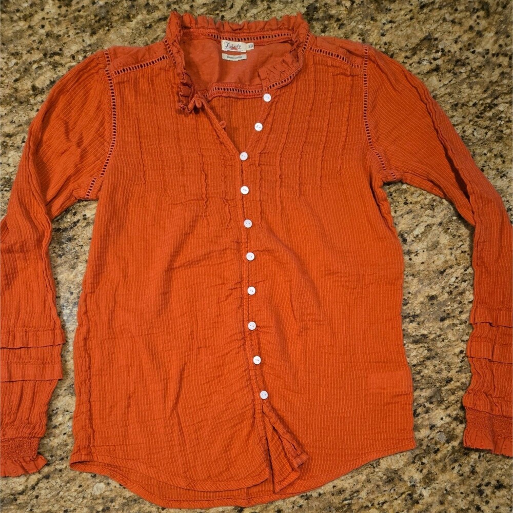 Faherty Women's Willa Ruffle Blouse Carmine Red 100% Cotton